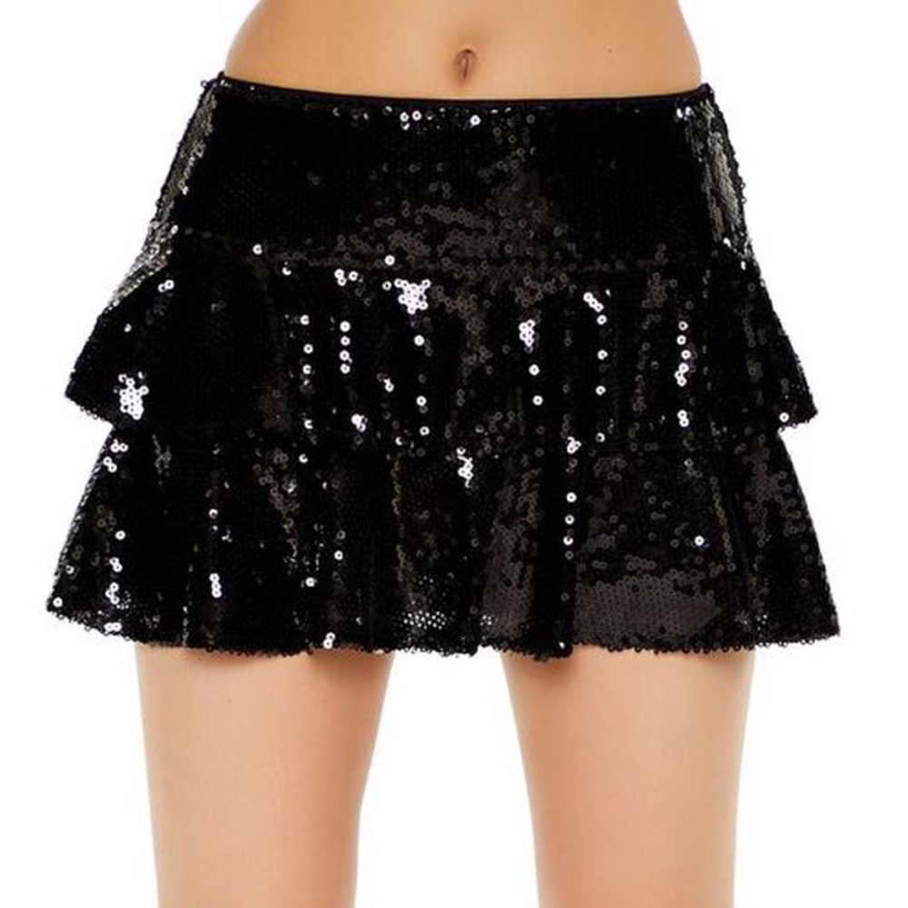 Black Layered Sequin Mini Skirt